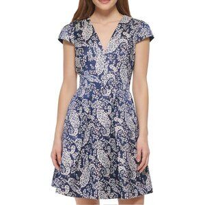 Vince Camuto Jacquard Cap Sleeve V-Neck Fit & Flare Dress, Size 14